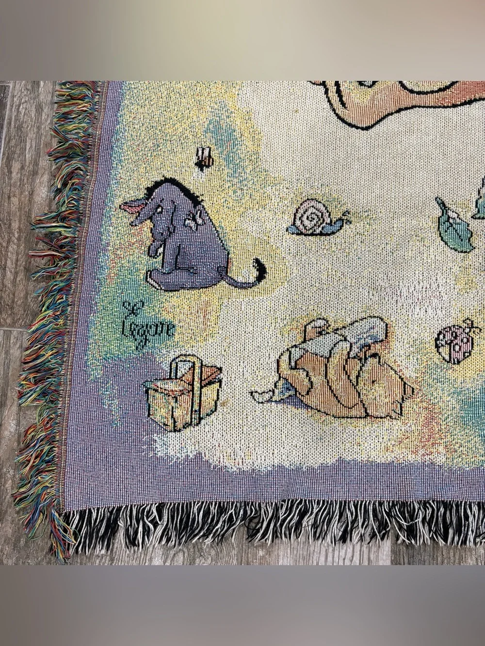 VTG Classic Winnie The Pooh & Piglet Woven Tapestry Throw Fringed Blanket 35x53